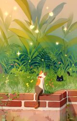 Rule 34 | artist name, black cat, bow, brick, bug, butterfly, cat, commentary, crack, english commentary, facing away, fern, flower, glowing butterfly, grass, highres, insect, jauni (tofublock), light rays, looking at another, no humans, original, outdoors, pink flower, plant, red bow, shadow, sitting, sparkle, sunlight, sunset, vines, yellow flower
