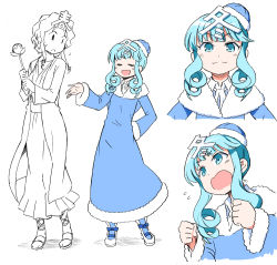 Rule 34 | 1girl, anbe masahiro, ankle boots, ascot, blue dress, blue eyes, blue footwear, blue hair, blue hat, boots, character sheet, closed eyes, closed mouth, commentary request, dress, drill hair, flying sweatdrops, fumi-chan (nhk), graphite (medium), hair ornament, haru-chan, hat, kanji, long sleeves, looking at another, multiple views, nhk (broadcaster), open mouth, short hair, sidelocks, simple background, smile, standing, traditional media, twin drills, white ascot, white background