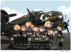 Rule 34 | 10s, 6+girls, :d, aircraft, airplane, b-17 flying fortress, black footwear, blonde hair, blue eyes, bomber, brown eyes, brown hair, browning m2, car, commentary request, engine, english text, fairy (kancolle), gun, hair between eyes, hat, heavy machine gun, jeep, kantai collection, kitsuneno denpachi, long hair, long sleeves, machine gun, military, military vehicle, motor vehicle, multiple girls, open mouth, peaked cap, pleated skirt, propeller, shoes, short hair, skirt, smile, vehicle focus, weapon