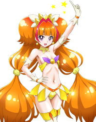Rule 34 | 1girl, :d, adapted costume, amanogawa kirara, bazeru, breasts, choker, cure twinkle, earrings, gloves, go! princess precure, hand on own hip, jewelry, long hair, magical girl, multicolored hair, navel, open mouth, precure, purple eyes, red hair, simple background, small breasts, smile, solo, star (symbol), star earrings, thighhighs, twintails, two-tone hair, very long hair, white background, white gloves