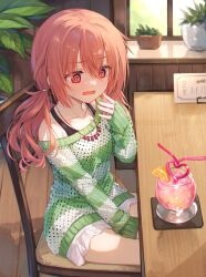 1girl @_@ alternate_costume blush breasts casual chair cofetaru commentary_request drink drinking_straw hair_ornament highres inaba_meguru jewelry low_twintails necklace open_mouth orange_eyes orange_hair plant potted_plant sanoba_witch small_breasts solo table twintails window