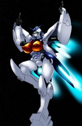 Rule 34 | absurdres, bad id, bad twitter id, breasts, commentary, cosmikaizer, double middle finger, english commentary, flying, g-saviour gundam, green eyes, gundam, gundam g-saviour, highres, large breasts, leg up, looking up, mecha, middle finger, mixed-language commentary, no humans, redesign, robot, v-fin