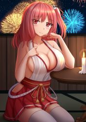 Rule 34 | 1girl, aerial fireworks, azur lane, bare arms, bare shoulders, breasts, candle, cleavage, closed mouth, collarbone, commentary, dead or alive, dead or alive 5, english commentary, fire, fireworks, hair ribbon, hakama, hakama short skirt, hakama skirt, hands up, highres, hip vent, honoka (doa), japanese clothes, kazenokaze, large breasts, long hair, looking at viewer, night, night sky, one side up, red eyes, red hair, red hakama, red ribbon, ribbon, skirt, sky, smile, solo, table, thighhighs, white thighhighs