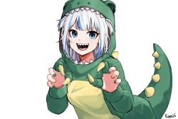 Rule 34 | 1girl, :d, artist name, blue eyes, claw pose, dinosaur costume, gawr gura, green nails, highres, hololive, hololive english, kamigui 0213, long sleeves, looking at viewer, multicolored nails, nail polish, open mouth, shark girl, sharp teeth, short hair, smile, solo, teeth, virtual youtuber, white background, white hair, yellow nails