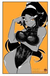 Rule 34 | 1girl, alternate costume, bare shoulders, black leotard, bleach, border, breasts, breasts squeezed together, cheesecakes by lynx, commentary, dark-skinned female, dark skin, elbow gloves, english commentary, gloves, high ponytail, highleg, highleg leotard, highres, large breasts, leotard, long hair, looking at viewer, looking back, medium breasts, official alternate costume, partially colored, ponytail, shadow, shihouin yoruichi, simple background, skin tight, smile, solo, thighs, white border, yellow eyes