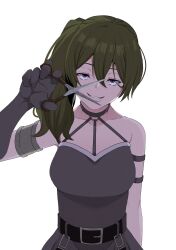 Rule 34 | 1girl, arm strap, armlet, black choker, black dress, black gloves, choker, commentary, dress, gloves, green hair, grin, half-closed eyes, hand up, highres, holding, holding scissors, long hair, looking at viewer, o-ring, o-ring choker, parted lips, pleated dress, purple eyes, scissors, side ponytail, simple background, single glove, smile, solo, sousou no frieren, symbol-only commentary, ubel (sousou no frieren), white background, yasehattagi