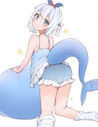 Rule 34 | 1girl, absurdres, airenif, alternate costume, bare arms, bare shoulders, blue camisole, blue eyes, blue hair, blue shorts, bow hairband, camisole, closed mouth, clothing cutout, fins, fish tail, frilled camisole, frilled shorts, frills, from behind, gawr gura, hair bobbles, hair ornament, hairband, head tilt, highres, hololive, hololive english, kneeling, light blush, looking at viewer, looking back, loose socks, loungewear, multicolored hair, official alternate hairstyle, shark girl, shark tail, short hair, short shorts, shorts, smile, socks, solo, spaghetti strap, streaked hair, tail, tail through clothes, two side up, virtual youtuber