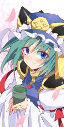 Rule 34 | 1girl, balance scale, blue hat, closed mouth, cup, epaulettes, frilled hat, frills, green hair, hat, highres, holding, holding cup, ichimura kanata, juliet sleeves, long sleeves, looking at viewer, one-hour drawing challenge, puffy sleeves, shiki eiki, short hair, simple background, smile, solo, touhou, upper body, weighing scale, white background, wide sleeves