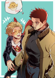 Rule 34 | 2boys, absurdres, alternate costume, arm grab, beard, bird, black sweater, blonde hair, blue eyes, boku no hero academia, brown coat, chick, coat, contemporary, denim, endeavor (boku no hero academia), facial hair, from above, hawks (boku no hero academia), highres, jeans, large pectorals, male focus, mature male, multiple boys, muscular, muscular male, open clothes, open coat, pants, pectorals, red hair, red wings, scar, scar across eye, scar on face, shirt, short hair, sideburns, sigma778, smile, spiked hair, stubble, sweater, thought bubble, tight clothes, tight shirt, turtleneck, turtleneck sweater, wings, yaoi