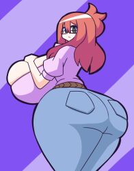 Rule 34 | 1girl, ass, ass focus, breasts, brown hair, bursting breasts, cleavage, curvy, denim, expressionless, female focus, gensin, gigantic breasts, glasses, green eyes, hand on own chest, highres, huge ass, looking at viewer, pants, pink shirt, purple background, red hair, shirt, skindentation, solo, thick thighs, thighs, wide hips