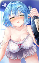 Rule 34 | 1girl, ahoge, arm support, bare arms, bare shoulders, blush, bob cut, bottle, breasts, camisole, character hair ornament, colored tips, crossed bangs, daifuku (yukihana lamy), double-parted bangs, drunk, frilled camisole, frilled skirt, frills, hair between eyes, hair ornament, hairclip, hanging breasts, highres, holding, holding bottle, hololive, indoors, large breasts, leaning forward, looking at viewer, messy hair, multicolored hair, official alternate costume, official alternate hair length, official alternate hairstyle, open mouth, pajamas, pointy ears, polka dot, polka dot camisole, polka dot skirt, sake bottle, short hair, skirt, sleepwear, solo, spaghetti strap, squeans, strap slip, streaked hair, triangle mouth, virtual youtuber, white camisole, yappy (yapis company), yellow eyes, yukihana lamy, yukihana lamy (4th costume)