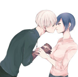 Rule 34 | 1boy, 1girl, absurdres, bad id, bad pixiv id, black shirt, blue hair, blush, breasts, collared shirt, colored skin, couple, from side, hetero, highres, holding hands, imminent kiss, jewelry, kaneki ken, kirishima touka, large breasts, leaning forward, long sleeves, looking at another, necklace, parted lips, profile, red skin, ring, shirt, short hair, simple background, sleeves past elbows, tokyo ghoul, tokyo ghoul:re, toukaairab, upper body, white background, white hair