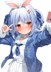 Rule 34 | 1girl, belt, blue hair, blue jacket, blue neckerchief, blue ribbon, blush, carrot hair ornament, cellphone, closed mouth, commentary request, dress, food-themed hair ornament, hair ornament, hair ribbon, hana mori, hands up, highres, hololive, jacket, looking at phone, neckerchief, official alternate costume, open clothes, open jacket, phone, red eyes, ribbon, sailor collar, selfie, short eyebrows, short hair, simple background, smartphone, solo, thick eyebrows, two side up, upper body, usada pekora, usada pekora (casual), v, virtual youtuber, white background, white belt, white dress, white sailor collar