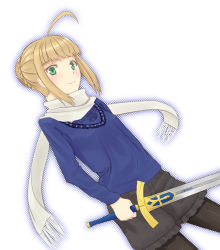 Rule 34 | 1girl, ahoge, artoria pendragon (all), artoria pendragon (fate), black pantyhose, blonde hair, dutch angle, excalibur (fate/stay night), fate/stay night, fate (series), green eyes, hair ribbon, pantyhose under shorts, pantyhose, ribbon, saber (fate), scarf, shimejiru, shorts, solo, sweater, sword, weapon, white scarf