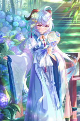 Rule 34 | 1girl, absurdres, ahoge, alternate costume, bell, blue hair, blush, chinese clothes, flower, ganyu (genshin impact), genshin impact, hair flower, hair ornament, hand fan, hanfu, highres, holding, holding fan, horns, ktm, light rays, long hair, looking at another, neck bell, outdoors, purple eyes, purple flower, ruqun, sidelocks, smile, solo, stairs, standing, tassel, wide sleeves