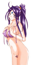 Rule 34 | 1girl, aa megami-sama, ahoge, bikini, blush, bottomless, breasts, censored, colored pubic hair, covered erect nipples, earrings, facial mark, female pubic hair, forehead mark, high ponytail, jewelry, looking at viewer, medium breasts, mosaic censoring, ponytail, pubic hair, purple hair, pussy, skuld (aa megami-sama), solo, standing, swimsuit, untied bikini