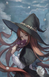 Rule 34 | 1girl, absurdres, buttons, covered mouth, covering own mouth, flower, flower ring, hat, highres, holding, holding flower, long hair, long sleeves, looking at viewer, original, pointy hat, purple flower, red hair, wavy hair, white flower, witch, witch hat, yasu (segawahiroyasu)