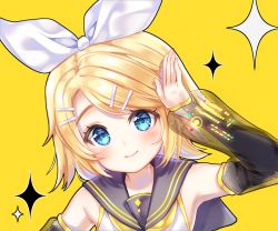 Rule 34 | 1girl, arm up, bad id, bad pixiv id, black sailor collar, black sleeves, blonde hair, blue eyes, blush, closed mouth, commentary, detached sleeves, hair ribbon, kagamine rin, leaning to the side, long hair, long sleeves, nami (nyaa), portrait, puffy long sleeves, puffy sleeves, ribbon, sailor collar, see-through, see-through sleeves, shirt, simple background, sleeveless, sleeveless shirt, sleeves past wrists, smile, solo, sparkle, vocaloid, white ribbon, white shirt, yellow background, yellow neckwear