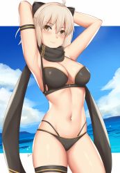 Rule 34 | 1girl, ahoge, arcie albano, armband, armpits, arms behind head, arms up, bare shoulders, beach, bikini, black bikini, black bow, black scarf, blonde hair, blue sky, blush, bow, breasts, brown eyes, cleavage, closed mouth, day, fate/grand order, fate (series), hair between eyes, hair bow, highres, looking at viewer, medium breasts, multi-strapped bikini, navel, ocean, okita j. souji (fate), okita j. souji (first ascension) (fate), okita souji (fate), okita souji (koha-ace), scarf, short hair, sky, smile, solo, swimsuit, thigh strap, thighs