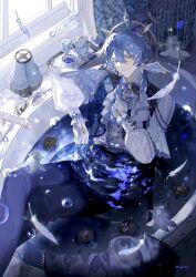 Rule 34 | 1boy, aiguillette, alternate costume, angel wings, arm rest, armian, ascot, bathtub, birdcage, black pants, blue bow, blue bowtie, blue hair, blue pupils, blue vest, blue wings, bow, bowtie, brooch, buttons, cage, capelet, closed mouth, collar chain (jewelry), crossed legs, cuff links, cup, curtains, dress shirt, earrings, eye symbol, falling feathers, faucet, feathered wings, feathers, feet out of frame, flower on liquid, frilled sleeves, frills, gem, gloves, hair between eyes, half gloves, halo, halo behind head, hand on own chest, head wings, high-waist pants, highres, honkai: star rail, honkai (series), indoors, jewelry, lamp, light blue hair, light particles, long sleeves, looking at viewer, low wings, male focus, medium hair, muntins, open clothes, open vest, pants, partially submerged, puffy long sleeves, puffy sleeves, reclining, shirt, shirt tucked in, single wing, smile, soap bubbles, solo, spiked halo, spirit, sunday (honkai: star rail), tassel, tea, teacup, teapot, tray, vest, water, white ascot, white capelet, white feathers, white gloves, white wings, window, wing piercing, wings, yellow eyes