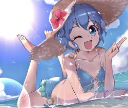 Rule 34 | 13-gou, 1girl, ass, barefoot, bikini, blue eyes, blue hair, braid, character request, cloud, collarbone, full body, hat, looking at viewer, o-ring, o-ring bikini, one eye closed, open mouth, short hair, smile, solo, swimsuit, water