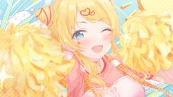 Rule 34 | 1girl, ;d, blonde hair, blush, choker, facepaint, gameso, hachimiya meguru, highres, holding, holding pom poms, idolmaster, idolmaster shiny colors, looking at viewer, one eye closed, open mouth, pink choker, pink shirt, pom pom (cheerleading), pom poms, shirt, sidelocks, smile, solo, suspenders, upper body, zipper pull tab