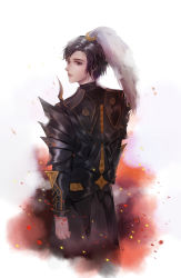 Rule 34 | 1boy, absurdres, arm at side, armor, artist name, black armor, black hair, highres, jian xia qing yuan (series), jianxia qingyuan (series), jianxia qingyuan online 3, looking at viewer, looking back, male focus, solo, standing, tooshy, white background