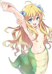 Rule 34 | 1girl, arms up, blonde hair, blue eyes, breasts, highres, jashin-chan, jashin-chan dropkick, monster girl, navel, nude, rauto, small breasts, snake tail, solo, tail