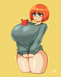 Rule 34 | 1girl, 1other, :&gt;, absurdres, arms under breasts, artist name, ass, blush, bob cut, bouncing breasts, bra, breasts, food, food in mouth, french fries, gerph, grey eyes, highres, huge breasts, looking to the side, mcdonald&#039;s, mother (yoru mac), naked sweater, orange hair, product girl, shiny skin, short hair, signature, smile, standing, sweater, underwear, underwear only, wide hips, yellow background, yoru mac