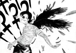 Rule 34 | 1boy, bandaged arm, bandages, bird, black hair, black pants, black wings, choujin x, cowlick, feathered wings, feathers, greyscale, highres, hollow eyes, kurohara tokio (choujin x), looking to the side, monochrome, pants, short hair, simple background, solo, toufu sikakatan, vulture, white background, wings