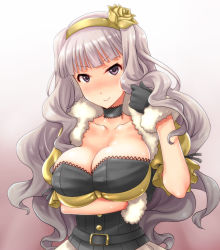 Rule 34 | 1girl, blush, breast hold, breast rest, breasts, cleavage, corset, dress, flower, fuyube rion, gloves, idolmaster, idolmaster (classic), large breasts, long hair, looking at viewer, md5 mismatch, shijou takane, silver hair, skirt, smile, solo
