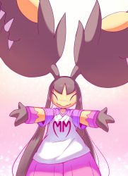 Rule 34 | 1girl, closed eyes, closed mouth, clothed pokemon, commentary, creatures (company), english commentary, extra mouth, game freak, gen 3 pokemon, gradient background, heart, highres, long hair, mawaifu, mawile, mega mawile, mega pokemon, nintendo, outstretched arms, pink background, pink shirt, pokemon, pokemon (creature), sharp teeth, shirt, short sleeves, smile, solo, spread arms, teeth, two-tone shirt, white shirt