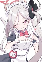 Rule 34 | 1girl, alternate costume, animal ears, apron, black dress, blue archive, blush, cat ears, cat tail, closed mouth, dress, enmaided, extra ears, fang, grey hair, halo, heart, highres, long hair, maid, maid apron, maid headdress, mutsuki (blue archive), one eye closed, pink eyes, pointy ears, puffy short sleeves, puffy sleeves, red halo, sentouryoku 5, short sleeves, side ponytail, simple background, smile, solo, tail, white apron, white background, wrist cuffs
