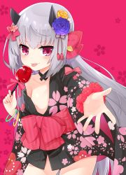 Rule 34 | ahoge, black horns, black kimono, blush, bracelet, candy apple, cherry blossom print, cowboy shot, demon girl, demon horns, flat chest, floral print, flower, food, hair flower, hair ornament, hair ribbon, holding, horns, japanese clothes, jewelry, kagome aira, kamoto tatsuya, kimono, long hair, neck ring, oni no manimani, outstretched hand, pink background, pink eyes, ribbon, sidelocks, silver hair, solo, tongue, tongue out