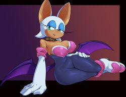 Rule 34 | 1girl, animal ears, animal nose, aqua eyes, arm support, bare shoulders, bat ears, bat girl, bat wings, black bodysuit, black border, blue eyeshadow, bodysuit, boots, border, breasts, cameltoe, cleavage, collar, covered erect nipples, elbow gloves, eyeshadow, female focus, furry, furry female, gloves, gradient background, half-closed eyes, hand on own thigh, happy, heart, high heels, knee boots, large breasts, leaning to the side, looking at viewer, low wings, makeup, open mouth, outside border, pochincoff, purple background, purple wings, rouge the bat, short hair, simple background, sitting, smile, solo, sonic (series), two-tone background, white footwear, white gloves, white hair, wide hips, wings