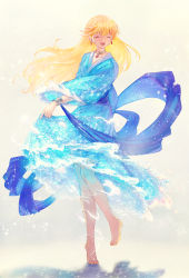 Rule 34 | 1girl, barefoot, blonde hair, dragon quest, dragon quest ii, dress, earrings, closed eyes, full body, japanese clothes, jewelry, kimono, long hair, necklace, princess of moonbrook, simple background, solo, water, water dress, yuza