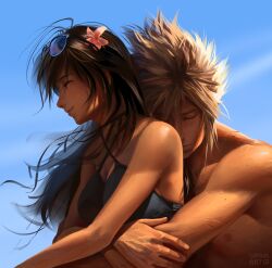 Rule 34 | 1boy, 1girl, absurdres, bare shoulders, bikini, black bikini, black hair, blonde hair, blue sky, breasts, closed eyes, closed mouth, cloud strife, commentary, couple, day, english commentary, eyewear on head, final fantasy, final fantasy vii, final fantasy vii remake, flower, hair flower, hair ornament, hetero, highres, hug, hug from behind, long hair, medium breasts, outdoors, pink flower, safaia, sky, smile, spiked hair, swimsuit, tifa lockhart, topless male, upper body