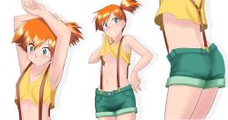Rule 34 | 1girl, armpits, arms up, ass, asymmetrical hair, blush, breasts, cowboy shot, creatures (company), denim, denim shorts, game freak, gen 1 pokemon, green eyes, green shorts, kakkii, legs, looking at another, looking at viewer, misty (pokemon), multiple views, navel, nintendo, orange hair, pokemon, pokemon (anime), pokemon (classic anime), ponytail, shirt, short shorts, shorts, side ponytail, smile, suspenders, sweat, sweatdrop, takaya n, tank top, thighs, upper body, yellow shirt, yellow tank top