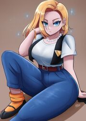 Rule 34 | 1girl, android 18, axlhearts, belt, black footwear, blonde hair, blue eyes, breasts, denim, dragon ball, dragonball z, earrings, female focus, forehead, highres, jewelry, large breasts, necklace, orange socks, pants, pearl necklace, shirt, short hair, short sleeves, sitting, socks, solo, thick thighs, thighs, white shirt, wide sleeves