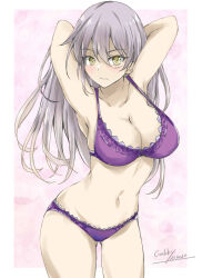 Rule 34 | 1girl, arms behind head, bra, breasts, cleavage, facial scar, gakky, gangut (kancolle), grey hair, highres, kantai collection, long hair, one-hour drawing challenge, panties, purple bra, purple panties, scar, scar on cheek, scar on face, solo, standing, underwear, underwear only, yellow eyes