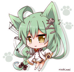 Rule 34 | 1girl, :3, :d, ahoge, akashi (azur lane), animal ears, azur lane, bad id, bad pixiv id, bell, neck bell, brown eyes, cat ears, chibi, choker, commentary request, green hair, hair ornament, hairpin, long hair, looking at viewer, machinery, mole, mole under eye, noai nioshi, open mouth, ribbon choker, sleeves past wrists, smile, solo, turret