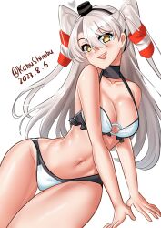 Rule 34 | 1girl, absurdres, alternate breast size, amatsukaze (kancolle), bikini, breasts, brown eyes, dated, grey hair, hair tubes, highres, kantai collection, katou shinobu, long hair, medium breasts, o-ring, o-ring bikini, o-ring top, official alternate costume, open mouth, simple background, smile, smoke heart, smokestack hair ornament, solo, swimsuit, teeth, thigh gap, twitter username, two side up, upper teeth only, white background, white bikini