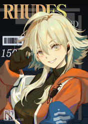 Rule 34 | 1girl, arknights, barcode, black background, black gloves, black sweater, bolt, breasts, chinese commentary, commentary request, earbuds, earphones, gloves, grey eyes, grin, hair between eyes, hand up, head tilt, highres, holding, hood, hooded jacket, jacket, looking at viewer, mayer (arknights), medium breasts, orange jacket, ribbed sweater, short hair with long locks, silver hair, smile, solo, sweater, ttk (kirinottk), turtleneck, turtleneck sweater, upper body