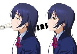 Rule 34 | 10s, 1girl, a1 (initial-g), bar censor, blazer, blue hair, blush, bow, bowtie, censored, commentary request, fellatio, from side, hair between eyes, highres, jacket, long hair, looking at viewer, love live!, love live! school idol project, oral, otonokizaka school uniform, phallic symbol, pointless censoring, red bow, red bowtie, school uniform, sexually suggestive, simple background, simulated fellatio, solo, sonoda umi, stormtrooper, striped bow, striped bowtie, striped clothes, striped neckwear, sweatdrop, white background, yellow eyes
