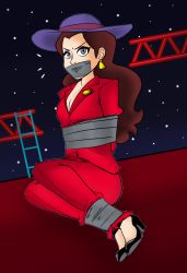 Rule 34 | 1girl, angry, arms behind back, bdsm, blue eyes, bondage, bound, bound ankles, bound arms, breasts, brown hair, cleavage, colorized, donkey kong (1981 game), donkey kong (series), formal, gag, gagged, hat, high heels, highres, improvised gag, jewelry, long hair, lost one zero, makeup, mario (series), nintendo, no bra, open collar, pauline (mario), red suit, second-party source, suit, super mario odyssey, tape, tape bondage, tape gag