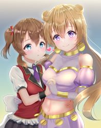 Rule 34 | 2girls, :o, absurdres, aqua eyes, artist name, artist request, back bow, black skirt, black wrist cuffs, blue eyes, blush, bnags, bow, bracelet, breasts, brown hair, butterfly (love live!), choker, cleavage, clothing cutout, collarbone, collared shirt, cropped shirt, crown, detached sleeves, double bun, dress, dress shirt, earrings, elbow gloves, female focus, fingers together, floating hair, gloves, gold bracelet, hair between eyes, hair bow, hair bun, hair rings, harem outfit, heart, heart (symbol), heart print, highres, holding, holding hands, jewelry, konoe haruka, konoe kanata, layered skirt, long hair, looking at viewer, love live!, love live! nijigasaki high school idol club, love live! school idol festival, medium breasts, miniskirt, multiple girls, navel, necktie, orange hair, parted lips, plaid, plaid skirt, pleated, pleated skirt, puffy short sleeves, puffy sleeves, purple eyes, purple gloves, purple necktie, purple shirt, purple shorts, purple sleeves, red bow, red vest, shirt, short sleeves, shorts, shoulder cutout, skirt, small breasts, smile, twintails, two side up, vest, wavy hair, white bow, white shirt, wrist cuffs, yellow bracelet, yellow choker