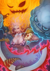 Rule 34 | 1girl, bad deviantart id, bad id, bikini, bikini top only, bracelet, breasts, cake, charlotte linlin, cleavage, cloud, collarbone, fire, food, holding, holding food, holding sword, holding weapon, jewelry, large breasts, lightning, lipstick, makeup, midriff, napoleon (one piece), one piece, prometheus (one piece), red eyes, swimsuit, sword, tubslab, weapon, aged down, zeus (one piece)