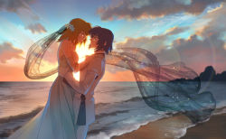 Rule 34 | 1boy, 1girl, athrun zala, beach, blonde hair, blue hair, bridal veil, cagalli yula athha, closed mouth, couple, dress, flower, from side, gundam, gundam seed, hair flower, hair ornament, hand on another&#039;s shoulder, hetero, highres, husband and wife, jacket, long dress, long hair, long sleeves, looking at another, nito minatsuki, ocean, outdoors, pants, sleeveless, sleeveless dress, standing, strapless, strapless dress, sunset, tears, veil, wedding dress, white dress, white flower, white jacket, white pants