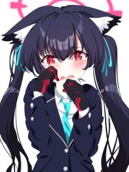 Rule 34 | 1girl, animal ear fluff, animal ears, bazz000033, black gloves, black hair, black jacket, blue archive, blue necktie, blush, cat ears, collared shirt, gloves, hair between eyes, halo, highres, jacket, long hair, long sleeves, looking at viewer, necktie, open mouth, red eyes, red gloves, red halo, serika (blue archive), shirt, simple background, solo, twintails, two-tone gloves, upper body, white background, white shirt