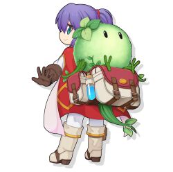 Rule 34 | 1boy, biolo (ragnarok online), blue eyes, boots, brown gloves, cape, closed mouth, commentary request, from behind, full body, gloves, grey footwear, high ponytail, looking at viewer, looking back, male focus, official art, pants, plant, potion, purple hair, ragnarok online, red cape, shirt, simple background, smile, standing, transparent background, vial, white bag, white pants, white shirt, yuichirou